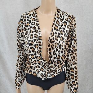 Zara Leopard Print Plunging Neckline Long Sleeve Bodysuit Women's Size Medium